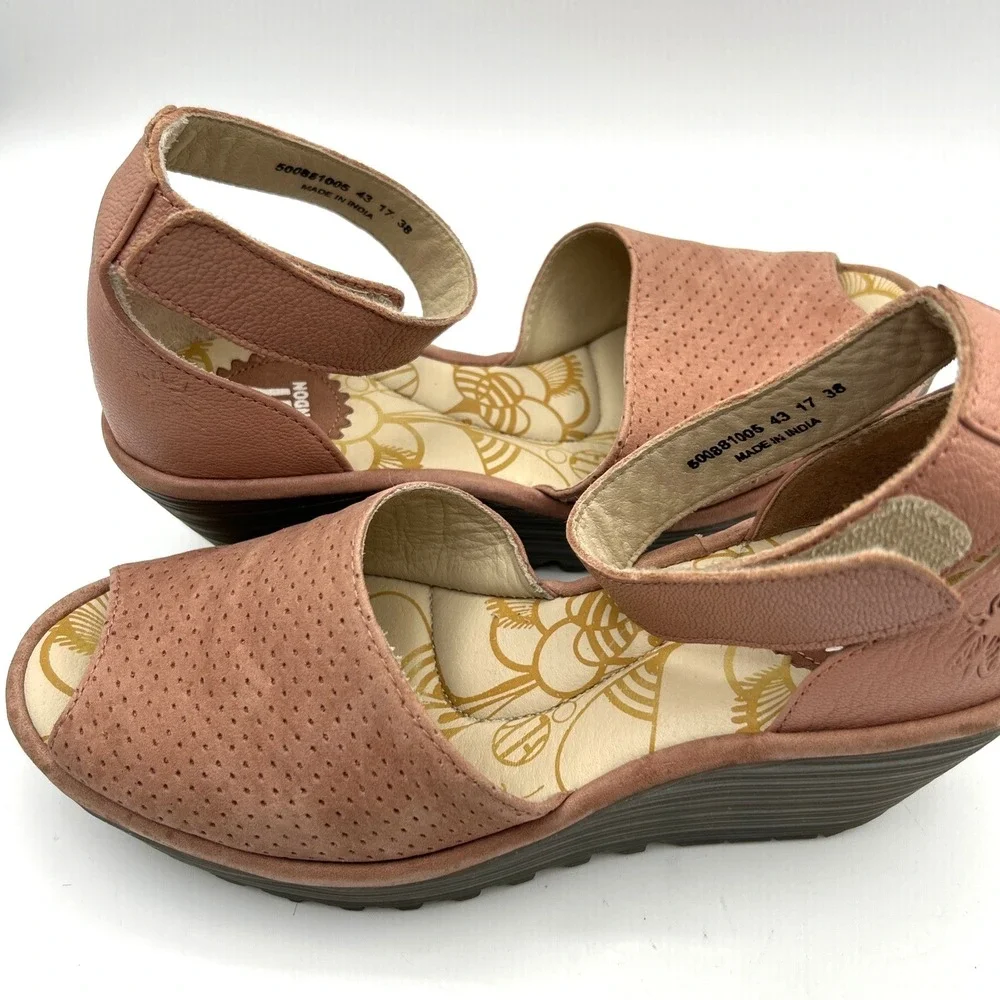 Fly London Wedge Sandals Womens 38 Pink Leather Perforated Ankle Strap Peep Toe
